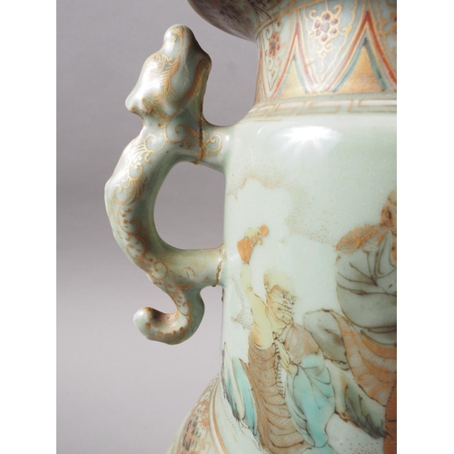 86 - A late 19th century Japanese celadon two-handled vase with figure decoration, 13