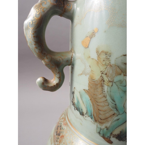 86 - A late 19th century Japanese celadon two-handled vase with figure decoration, 13