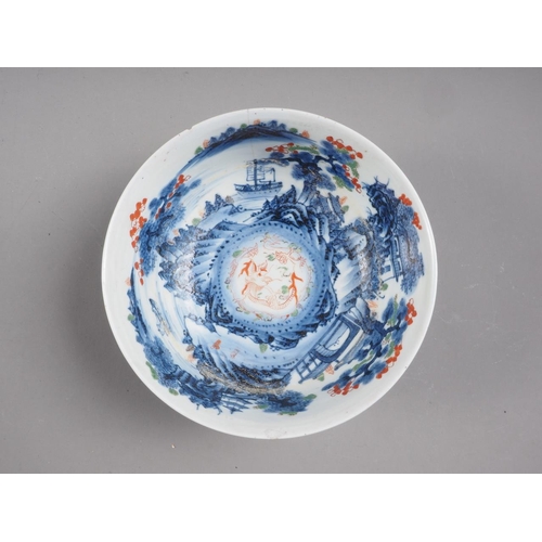 89 - Two Chinese blue and white bowls with later clobbered decoration, larger 8 1/2