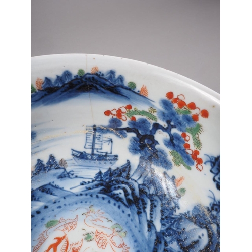 89 - Two Chinese blue and white bowls with later clobbered decoration, larger 8 1/2