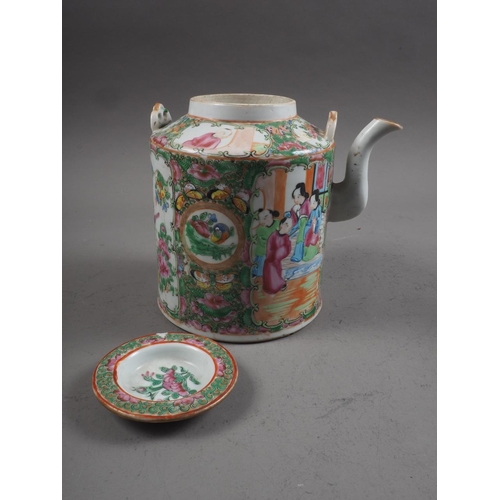 98 - A Chinese Canton teapot with panelled figure, landscape, bird and insect decoration, 8 1/4