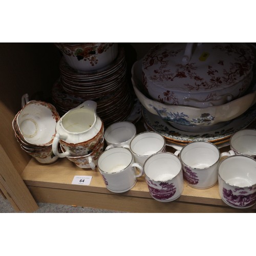 64 - Seven bat printed type coffee cups, a quantity of 19th century Masons china, including two tureens a... 