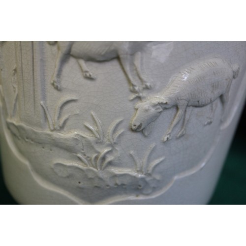 100 - A Chinese blanc de chine vase with relief panels decorated with birds, trees and animals, 13