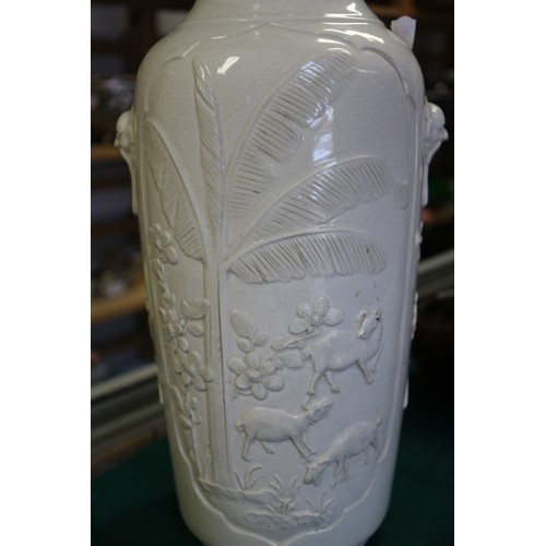 100 - A Chinese blanc de chine vase with relief panels decorated with birds, trees and animals, 13