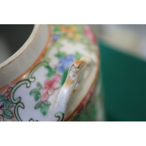 98 - A Chinese Canton teapot with panelled figure, landscape, bird and insect decoration, 8 1/4