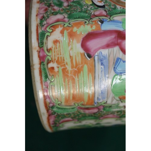 98 - A Chinese Canton teapot with panelled figure, landscape, bird and insect decoration, 8 1/4