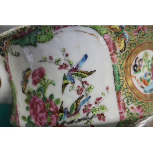 98 - A Chinese Canton teapot with panelled figure, landscape, bird and insect decoration, 8 1/4