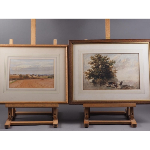 447 - English 19th century watercolour, landscape with distant church and windmill, 7 3/4