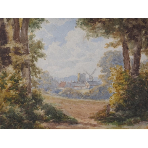 447 - English 19th century watercolour, landscape with distant church and windmill, 7 3/4