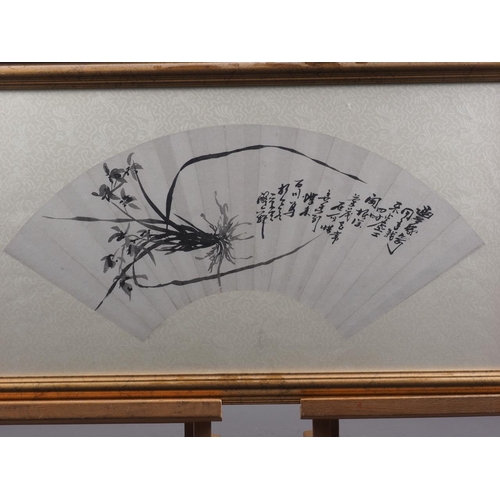 450 - A Japanese hand-painted fan vane, in gilt frame, a 19th century floral study and a Chinese framed ch... 