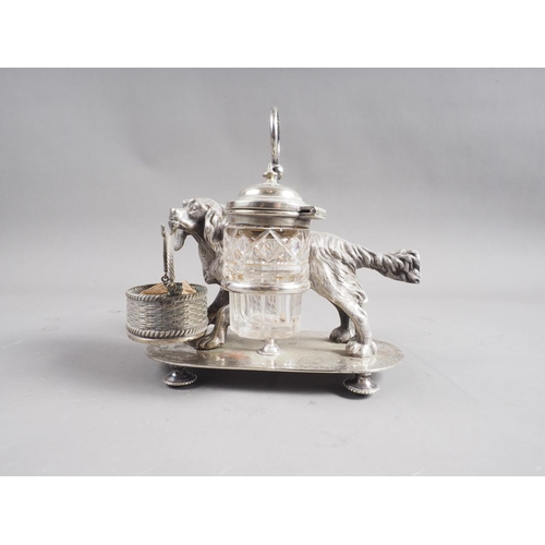 266 - A silver plated novelty three-piece cruet stand, formed as a cocker spaniel