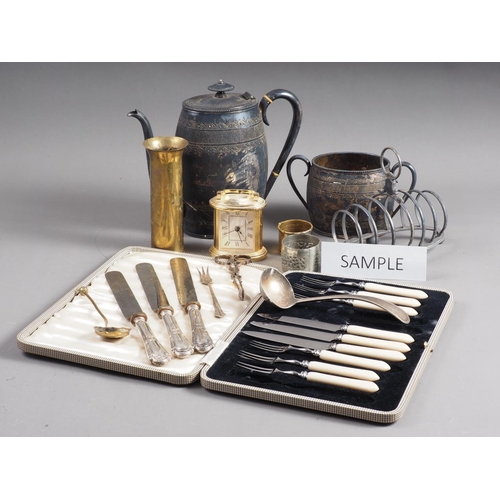 272 - A silver plated four-piece tea and coffee set, assorted loose plated cutlery, a pair of brass vases,... 