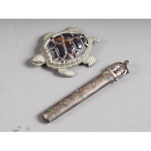 284 - A silver plated and shell novelty vesta case formed as a tortoise, a gunmetal and turquoise double p... 