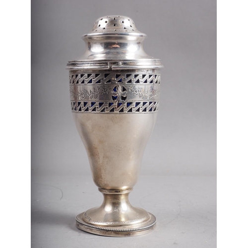 302 - A silver sugar shaker with engraved floral swag decoration and associated white metal top, 2.6oz tro... 