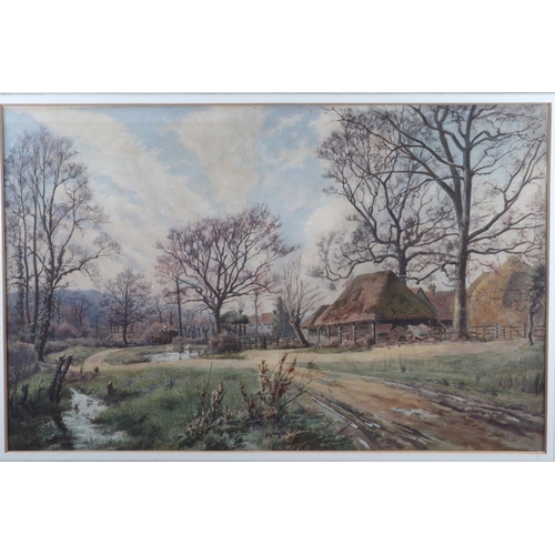 441 - BFB: watercolours, landscape with barn, stream, track, horse and carriage, 13 3/4