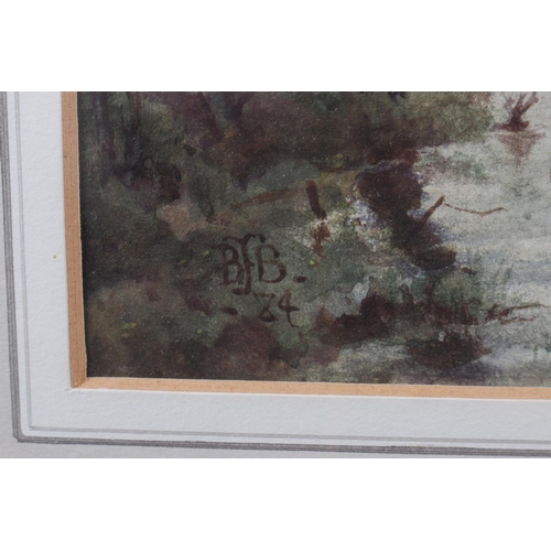 441 - BFB: watercolours, landscape with barn, stream, track, horse and carriage, 13 3/4