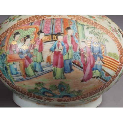 89 - A Chinese Canton bulbous vase and cover, decorated panels with figures in a landscape, insects and f... 