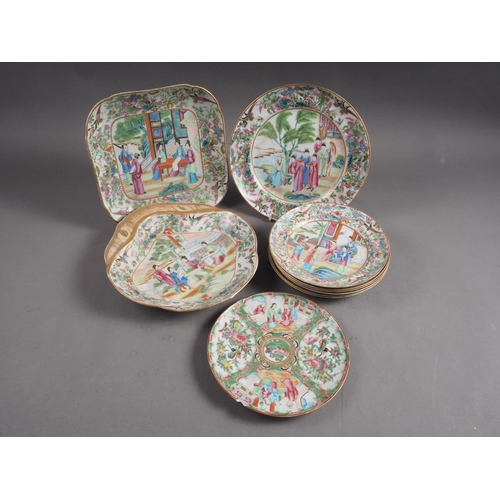 106 - A Chinese Canton enamel part dessert service of three dishes and five plates with figure decorated c... 