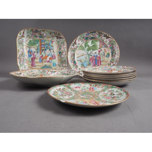 106 - A Chinese Canton enamel part dessert service of three dishes and five plates with figure decorated c... 