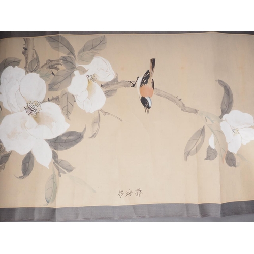 122 - A Japanese bodycolour laid on silk scroll, peony and bird, three-character signature