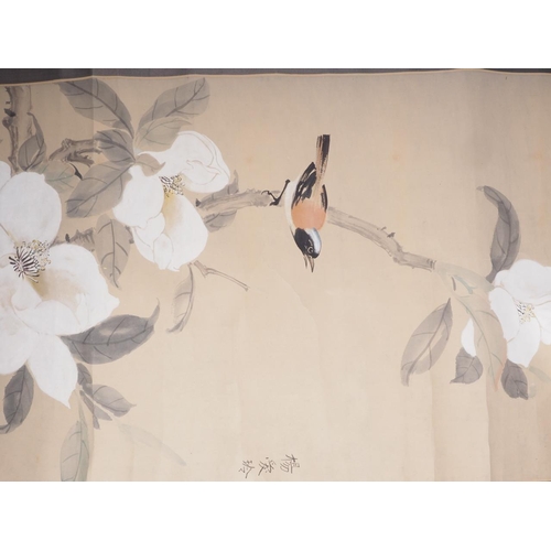 122 - A Japanese bodycolour laid on silk scroll, peony and bird, three-character signature