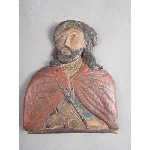 163 - A carved softwood and polychrome part bust of a saint/penitent with rope around his neck and carryin... 