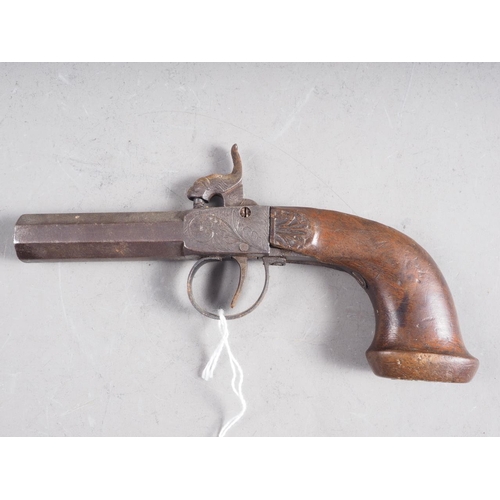 184 - An early 19th century pocket percussion cap pistol with engraved box lock and octagonal barrel, barr... 