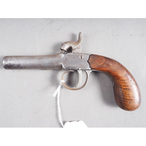 185 - An early 19th century pocket percussion cap pistol with engraved box lock and cylindrical barrel, ba... 