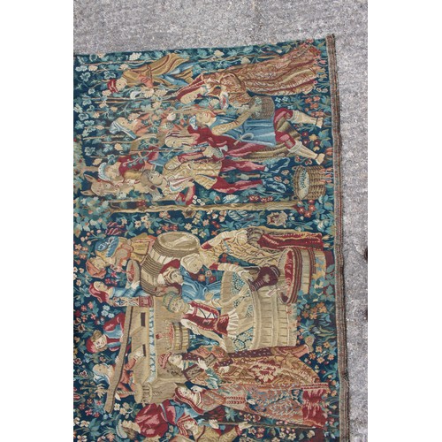 158 - A Jacquard woven tapestry with figures in a landscape design, 73 1/2