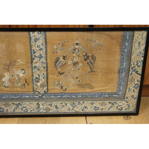 107 - A Chinese silk embroidered triple panel with figures on a yellow ground and blue butterfly and flowe... 