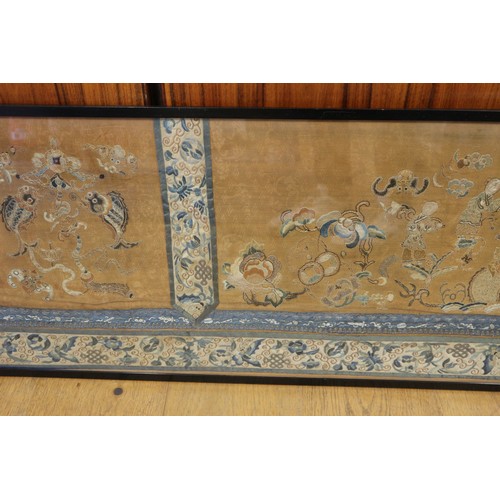 107 - A Chinese silk embroidered triple panel with figures on a yellow ground and blue butterfly and flowe... 