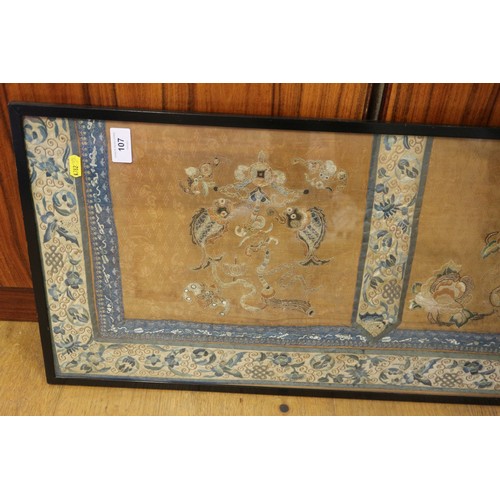 107 - A Chinese silk embroidered triple panel with figures on a yellow ground and blue butterfly and flowe... 