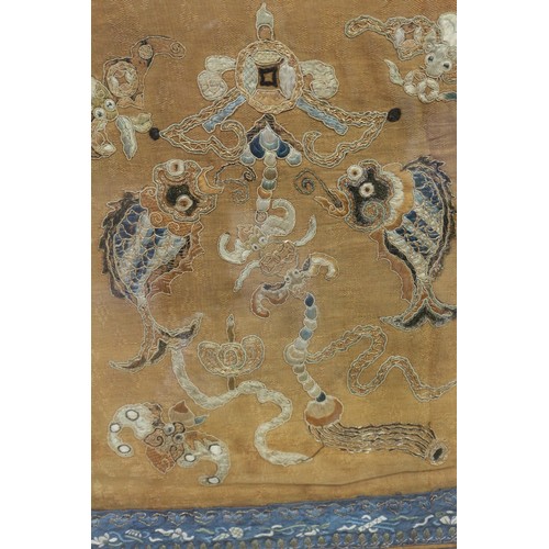 107 - A Chinese silk embroidered triple panel with figures on a yellow ground and blue butterfly and flowe... 