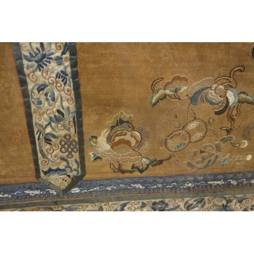 107 - A Chinese silk embroidered triple panel with figures on a yellow ground and blue butterfly and flowe... 