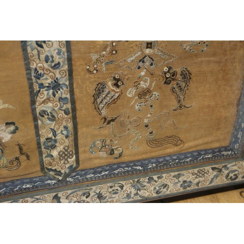 107 - A Chinese silk embroidered triple panel with figures on a yellow ground and blue butterfly and flowe... 