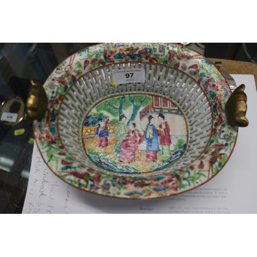 97 - A Chinese famille rose porcelain basket with figures in a landscape decoration, 8