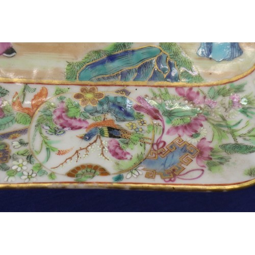 106 - A Chinese Canton enamel part dessert service of three dishes and five plates with figure decorated c... 