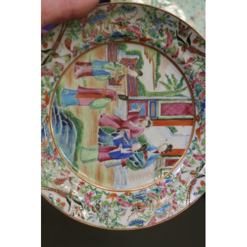 106 - A Chinese Canton enamel part dessert service of three dishes and five plates with figure decorated c... 