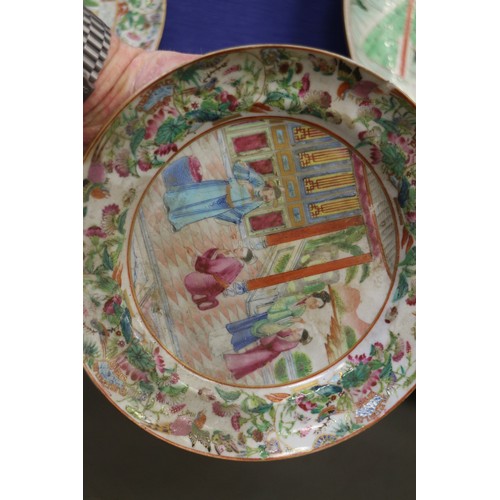 106 - A Chinese Canton enamel part dessert service of three dishes and five plates with figure decorated c... 