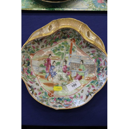 106 - A Chinese Canton enamel part dessert service of three dishes and five plates with figure decorated c... 