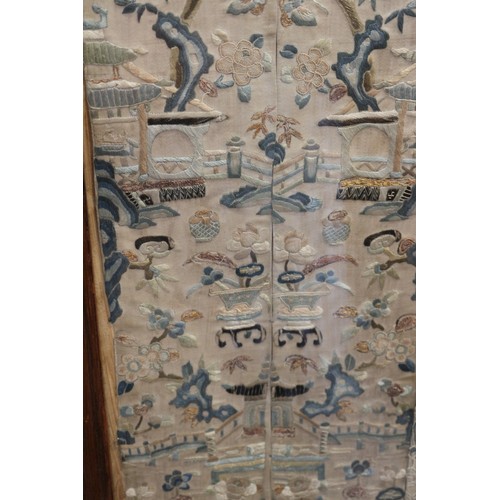 226 - Six 19th century Chinese mandarin's silk embroidered sleeve panels, figures in landscapes, framed as... 