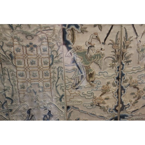 226 - Six 19th century Chinese mandarin's silk embroidered sleeve panels, figures in landscapes, framed as... 