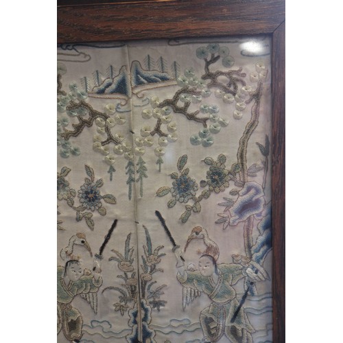 226 - Six 19th century Chinese mandarin's silk embroidered sleeve panels, figures in landscapes, framed as... 