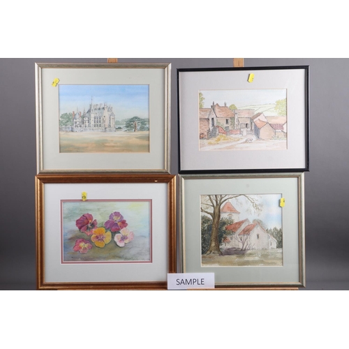 379 - Ten watercolours of British pastoral scenes, in strip frames, and one other picture