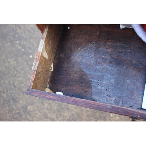 466 - An antique oak elm and walnut side table, fitted one drawer, on chamfered and stretchered supports, ... 