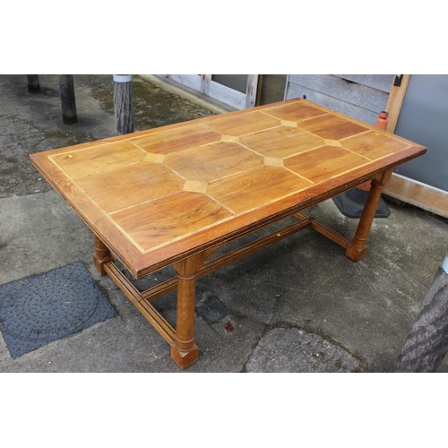 548 - An Oriental hardwood and marble inset refectory style table, on column turned and stretchered suppor... 