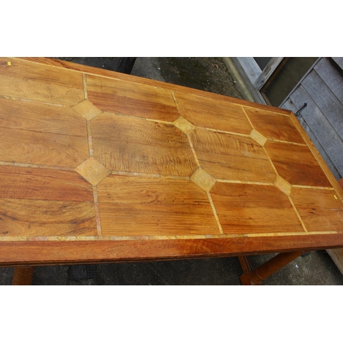 548 - An Oriental hardwood and marble inset refectory style table, on column turned and stretchered suppor... 