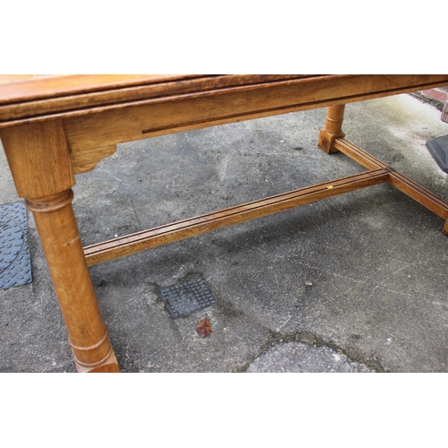 548 - An Oriental hardwood and marble inset refectory style table, on column turned and stretchered suppor... 