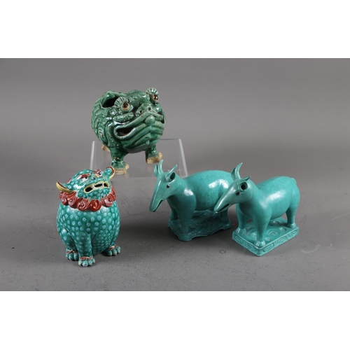 120 - A green crackle glazed pottery Jin Chan lucky toad (restored), a Kylin pot pourri jar and cover (res... 