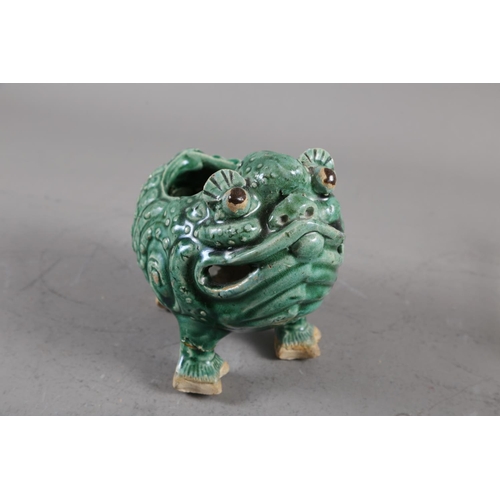 120 - A green crackle glazed pottery Jin Chan lucky toad (restored), a Kylin pot pourri jar and cover (res... 